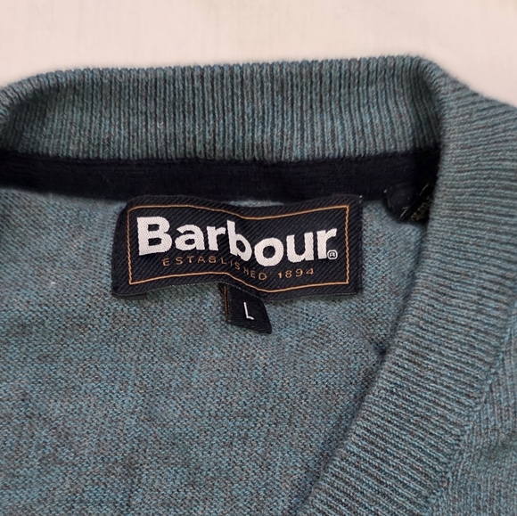 Barbour Cotton Cashmere Blend Teal V Neck Pullover Academia Preppy Sweater. L - Picture 2 of 8